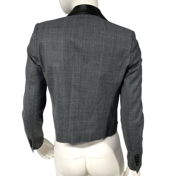 Womens The Kooples Grey Glen Check Cropped Leather Trim Blazer Jacket Size 34 XS - Picture 2 of 7